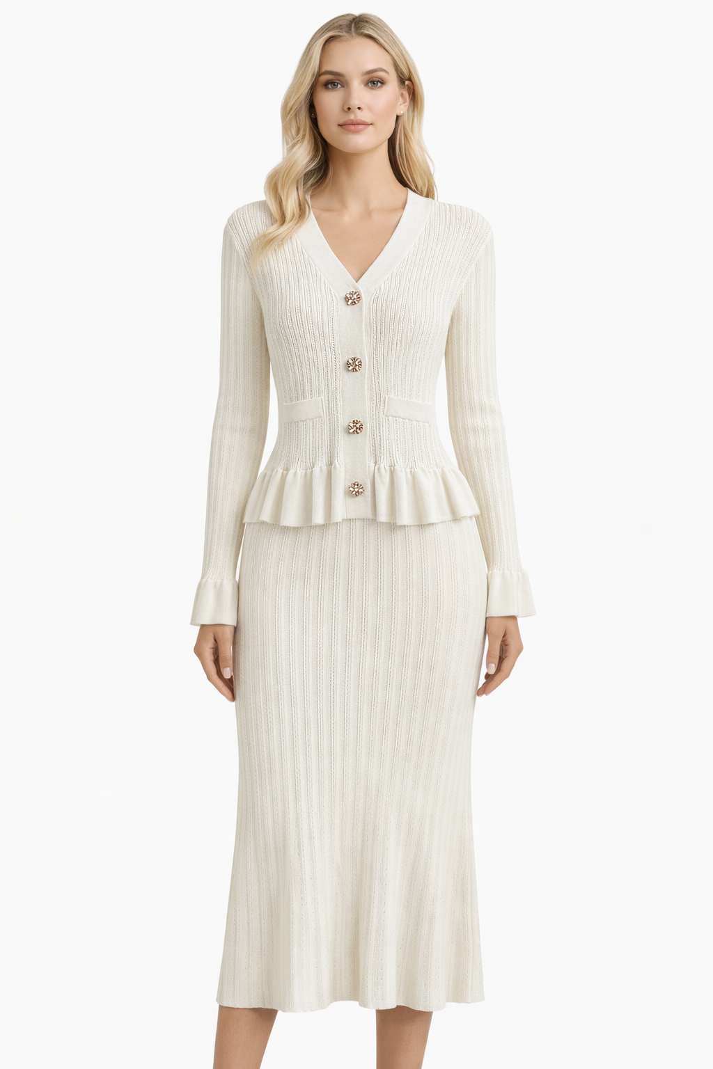 Pearl Button Ribbed Knit Cardigan & Skirt Set White