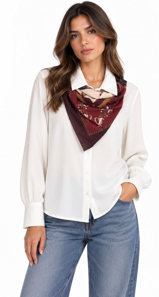 Silk Scarf Collar Blouse ( Beige , White )