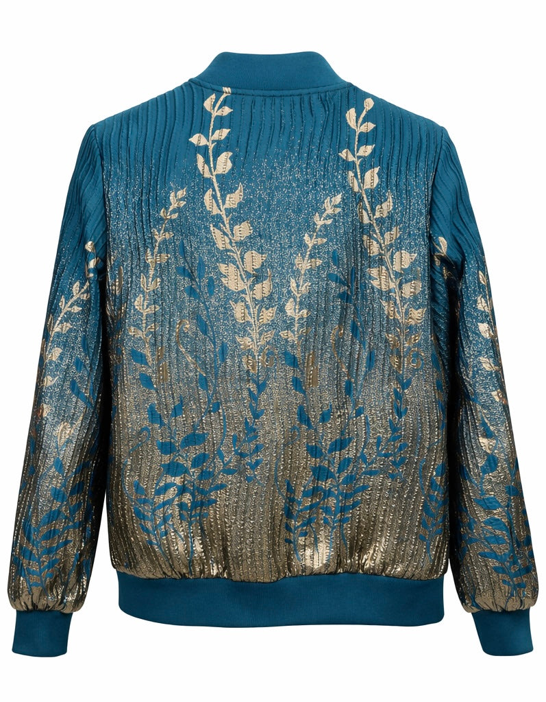 Luxury Teal & Gold Floral Embroidered Bomber Jacket