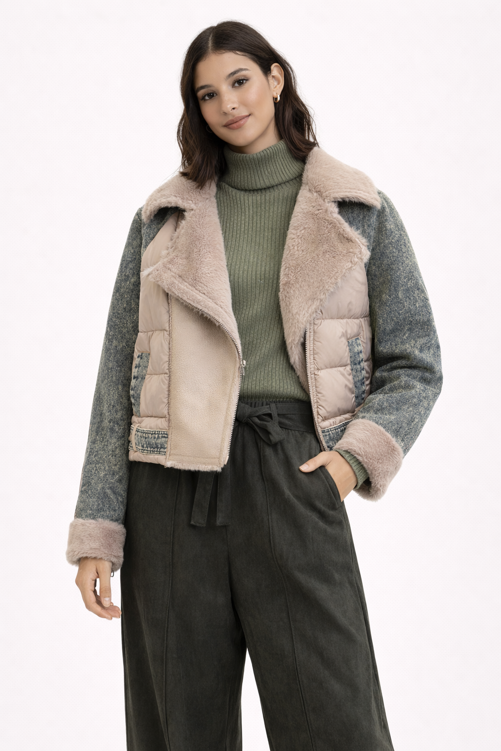 Statement Mixed-Media Shearling Jacket