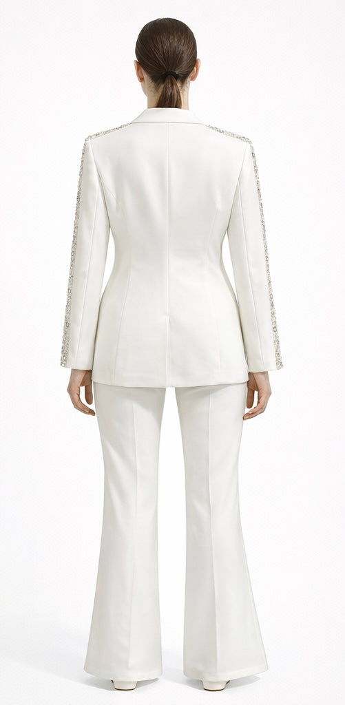White Embellished Blazer & Flared Pants Suit Set