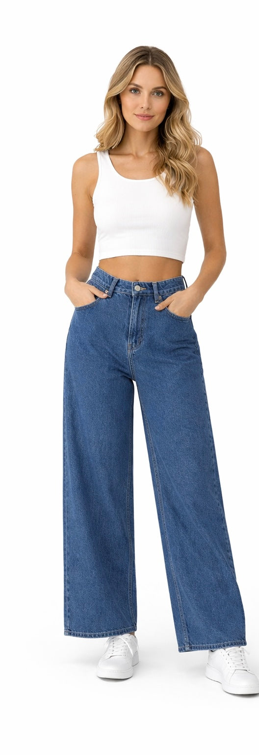 Navy Wide  Leg Denim With Elastic