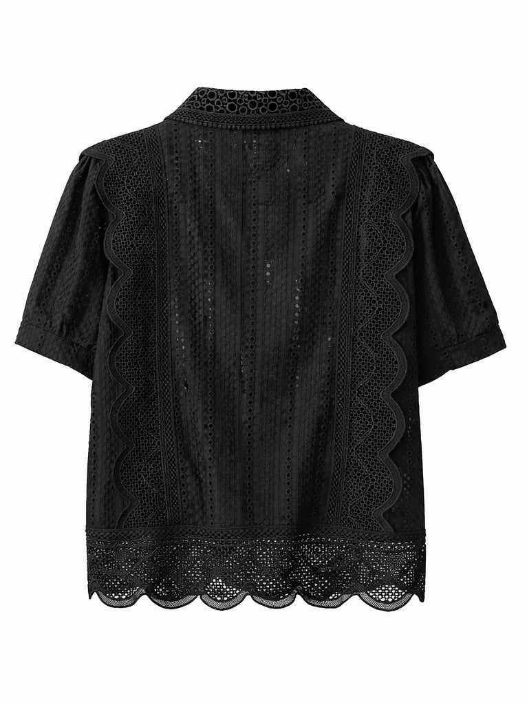 Romantic Floral Eyelet Lace Shirt - Butter Yellow , Light blue , pink , Black