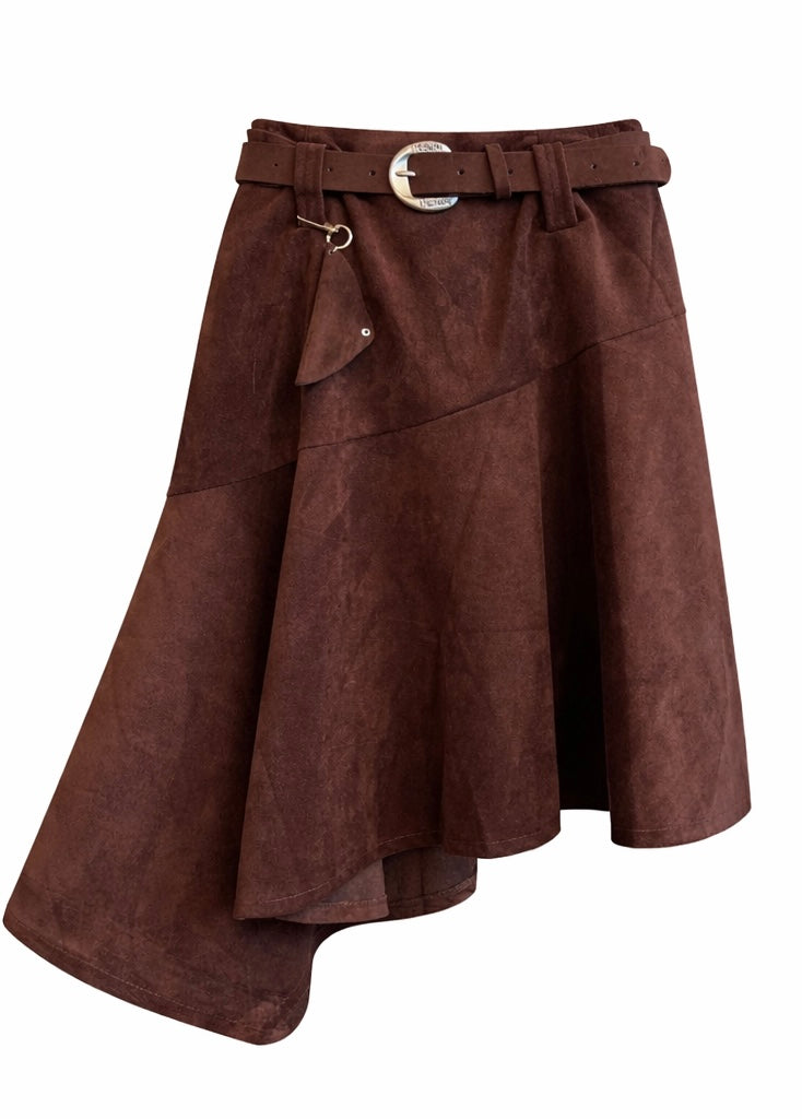 Brown Suede-Look Asymmetric Skirt