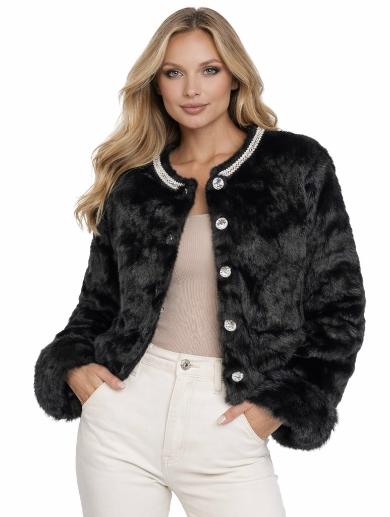 Midnight Luxe Crystal Faux Fur Jacket
