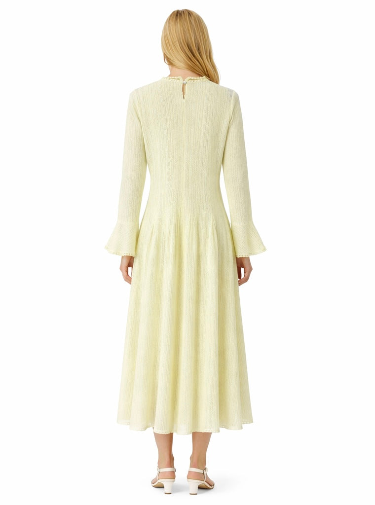 Elegant Pastel Long Sleeve Midi Dress , Lemon & butter yellow