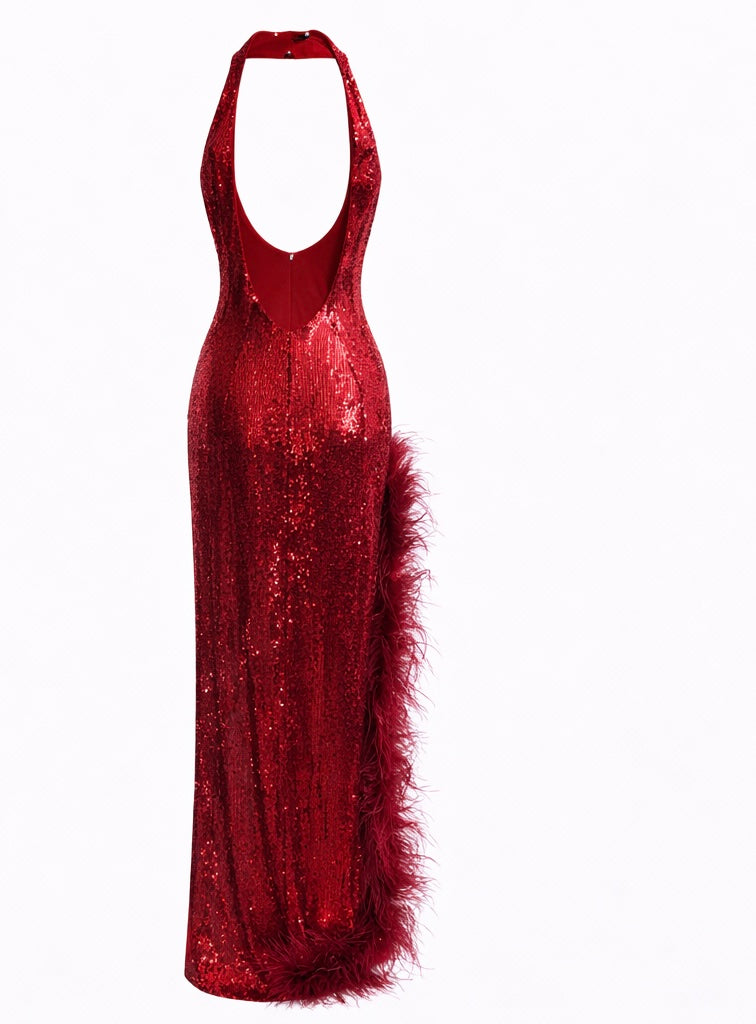 Red Sequin Halter  Dress with Feather Detail