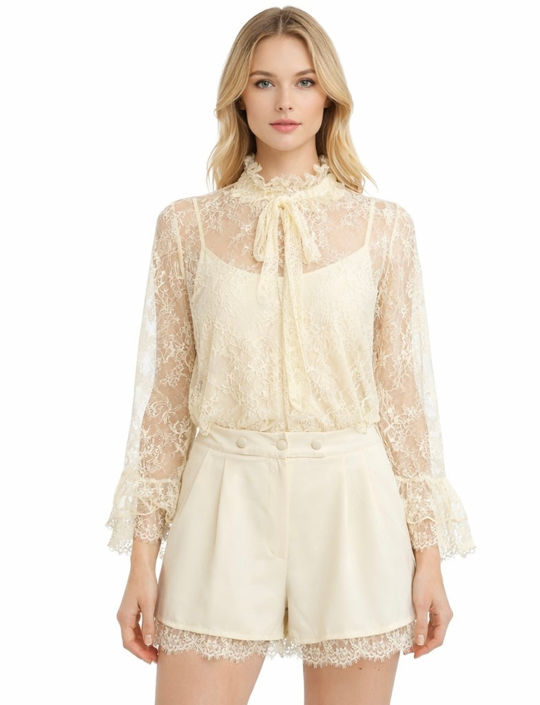Elegant Lace Long Sleeve Top with Shorts Set