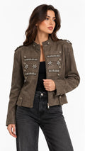 Embellished Military Suede Jacket ( Olive , Beige , Brown )