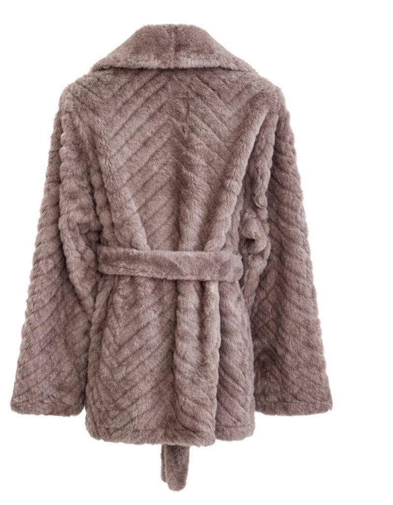 Soft Taupe Eco Fur Belted Coat