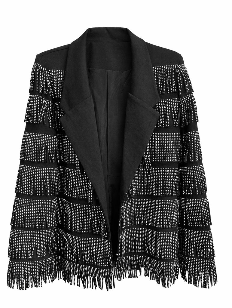 Rhinestone Fringe Blazer Jacket - Silver