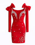 Crystal Bow Shoulder Bandage  Mini Dress - Red , black , white