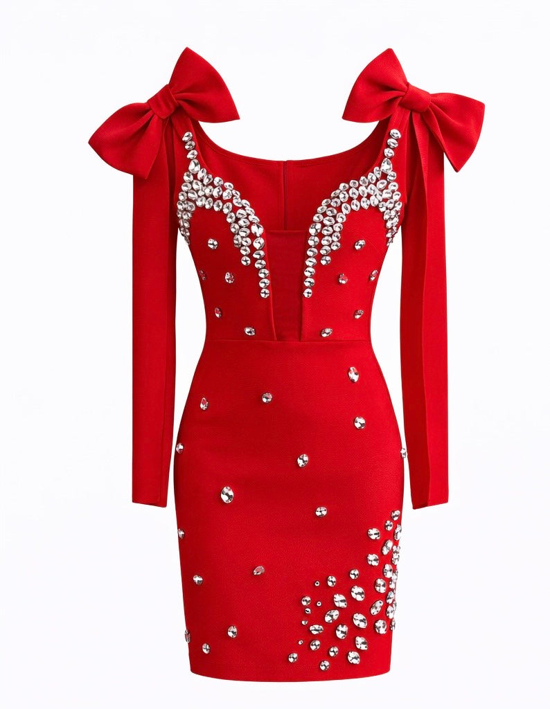 Crystal Bow Shoulder Bandage  Mini Dress - Red , black , white