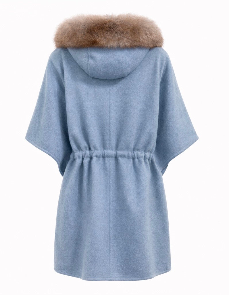 Elegant Ice Blue Alpaca Blend Fur Hooded Cape