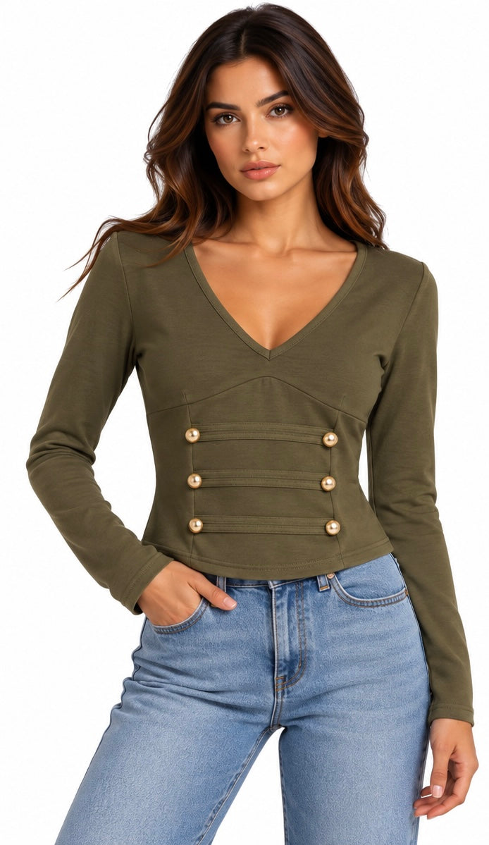 Gold Button Detail V-Neck Top ( White , Olive , Black )