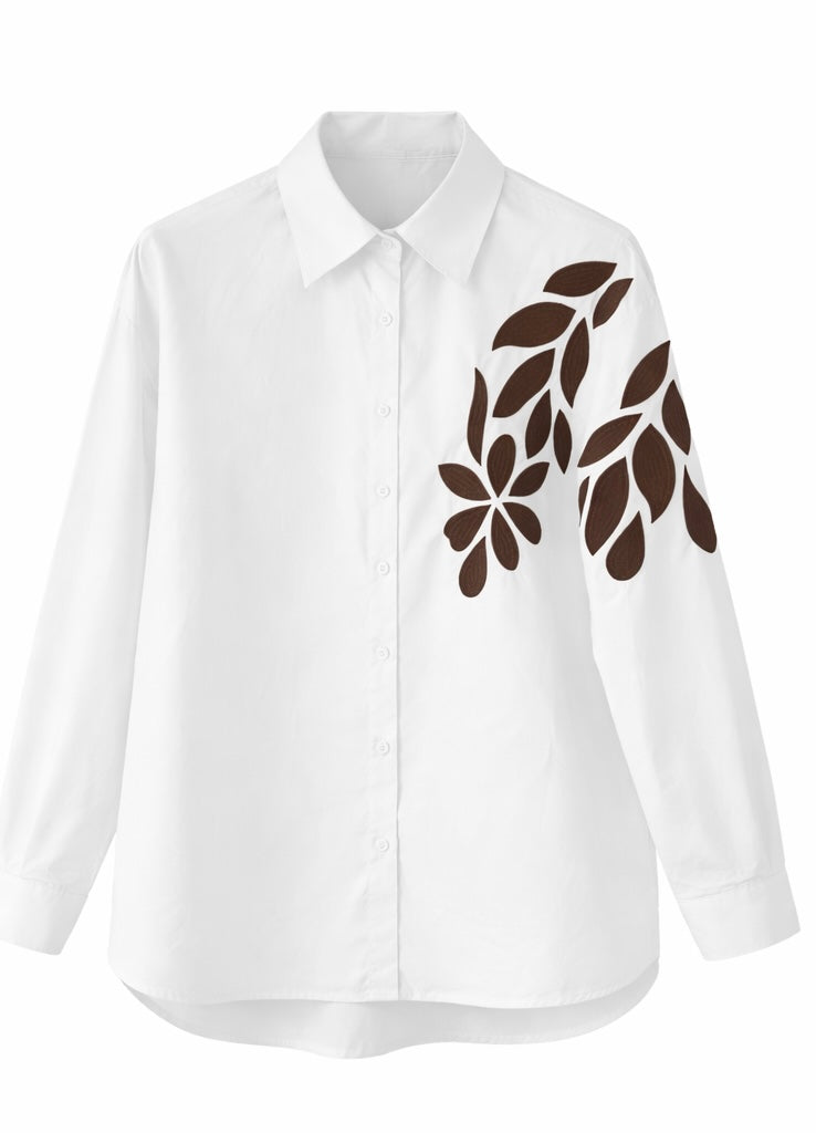 White Button-Up Shirt with Brown Leaf Appliqué