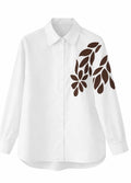 White Button-Up Shirt with Brown Leaf Appliqué