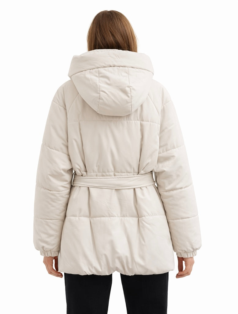 Belted Hooded Puffer Jacket in Cream