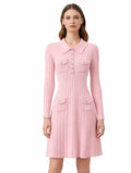Pink Ribbed Long-Sleeve Knit Dress