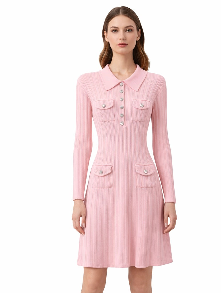 Pink Ribbed Long-Sleeve Knit Dress