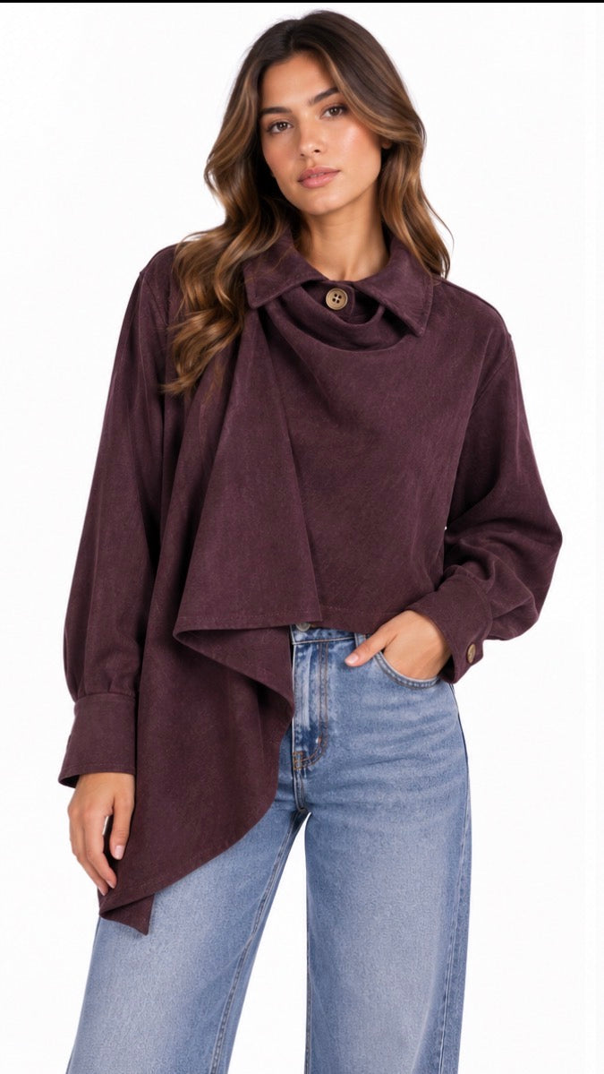 Asymmetric Draped Button Top ( Wine , Navy )