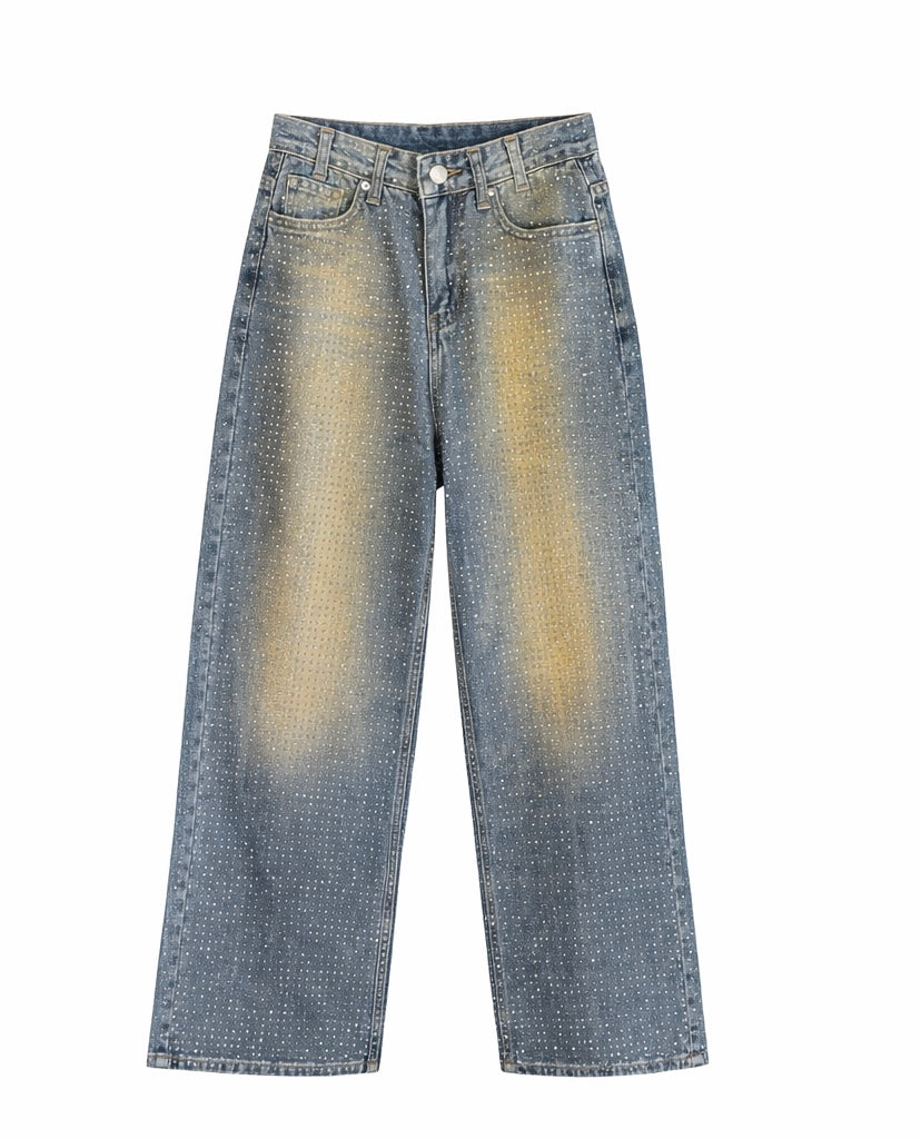 Rhinestone Detail Wide-Leg Denim Jeans