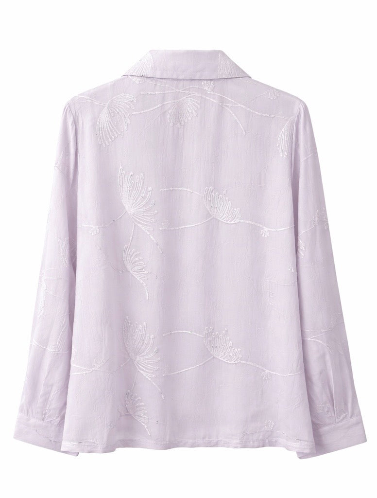 Embroidered Blouse with Rhinestone Collar - Lavender , pink
