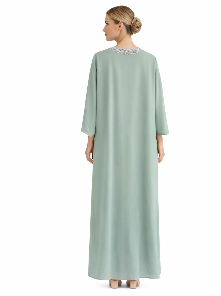 Beaded Neckline Mint Green Kaftan Dress
