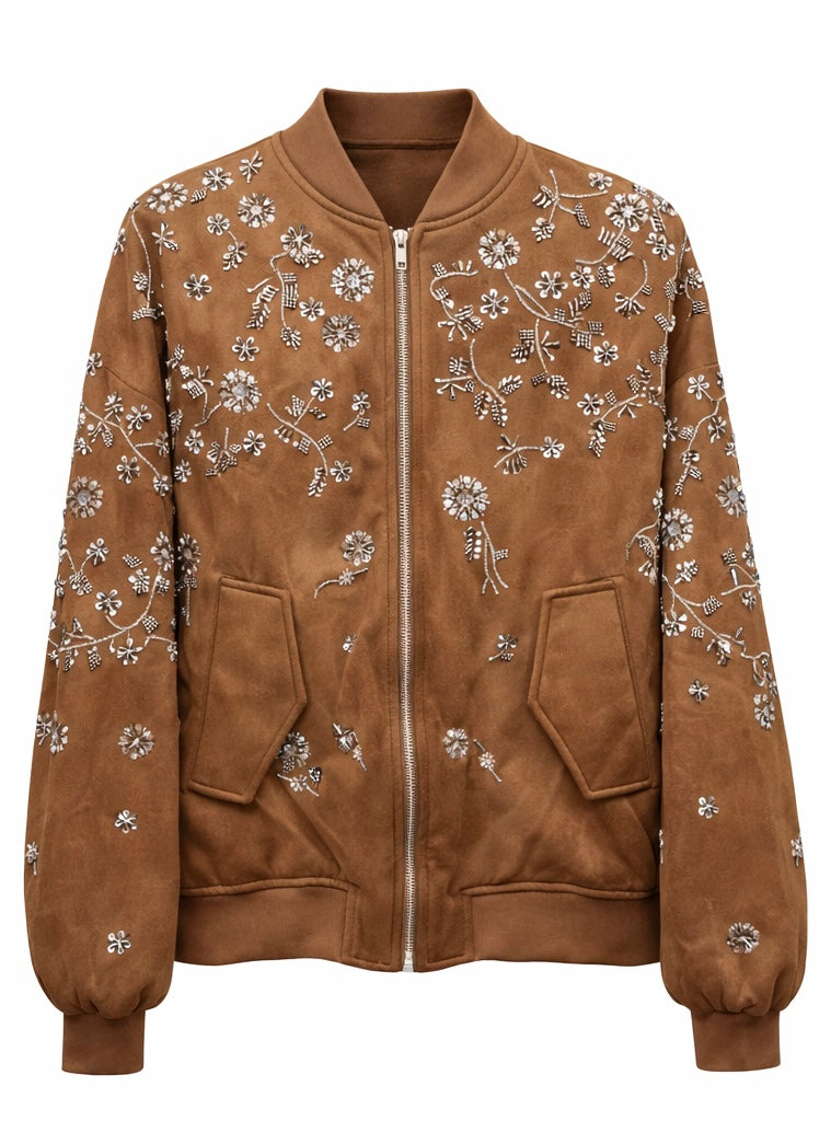 Luxury Brown Floral Embroidered Bomber Jacket