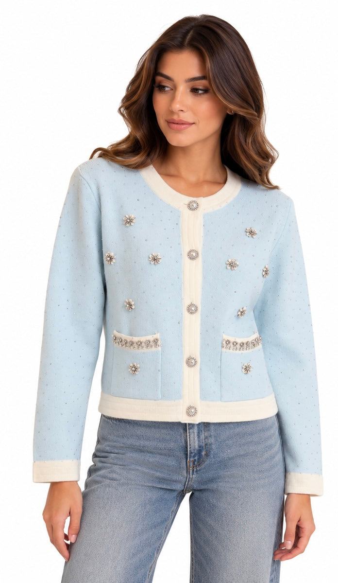 Crystal Embellished Cardigan ( Blush , Blue )