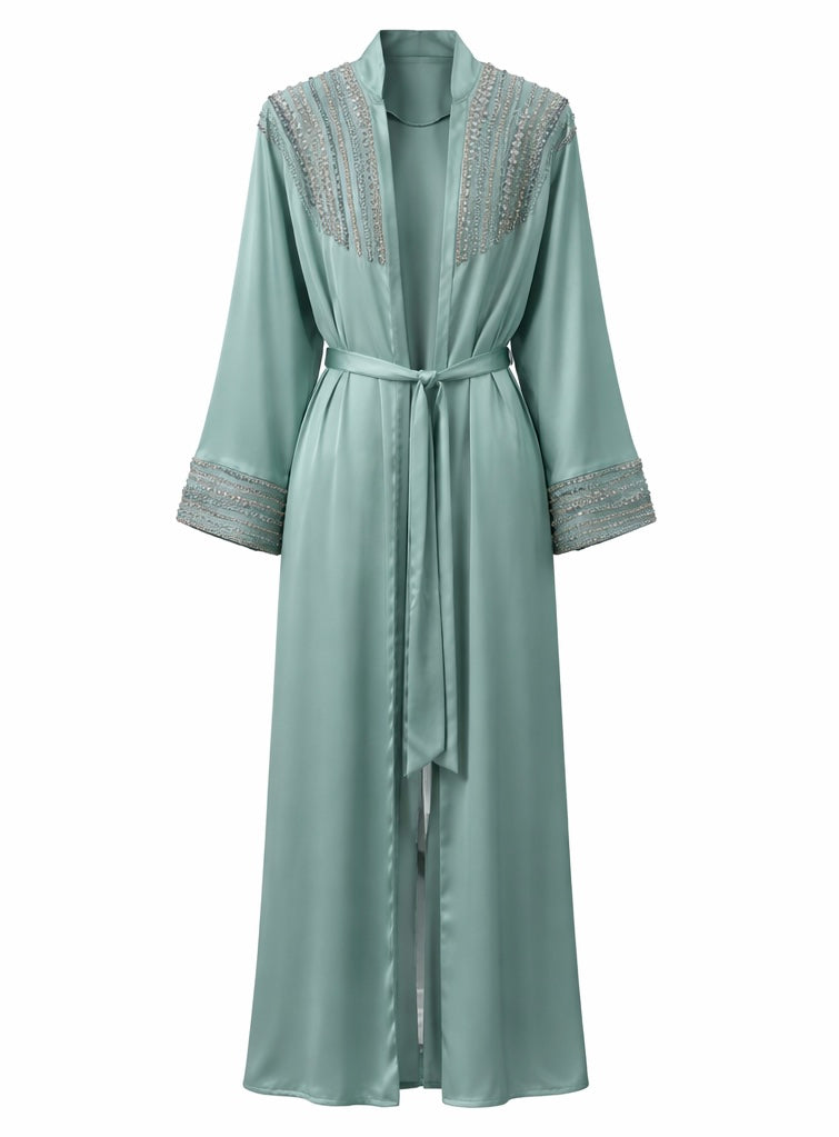 Embroidered Satin Open Abaya with Matching Waist Belt – Sage Green