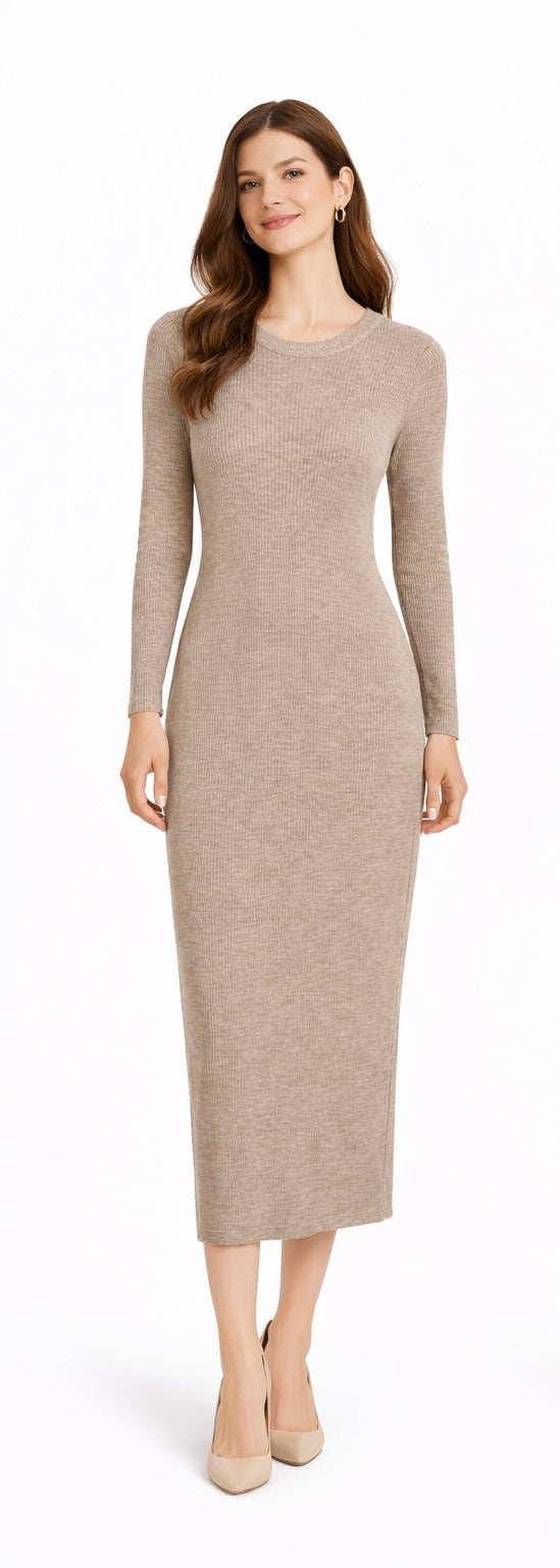 Essential Ribbed Knit Midi Dress – Beige