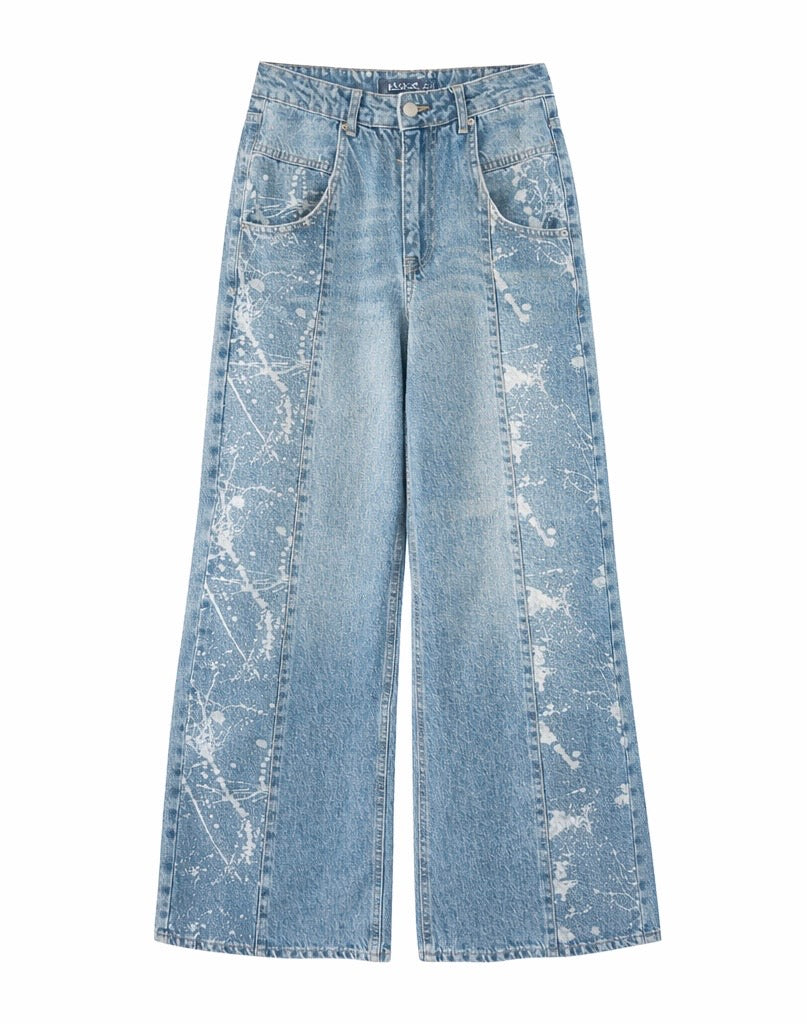 Street Style Paint Splash Wide-Leg Denim
