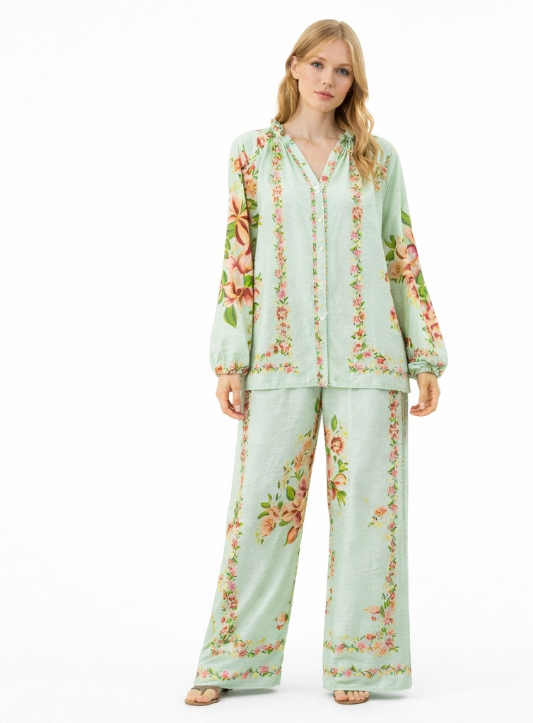 Floral Wide-Leg Pants & Blouse Set - Pistachio , White , Black
