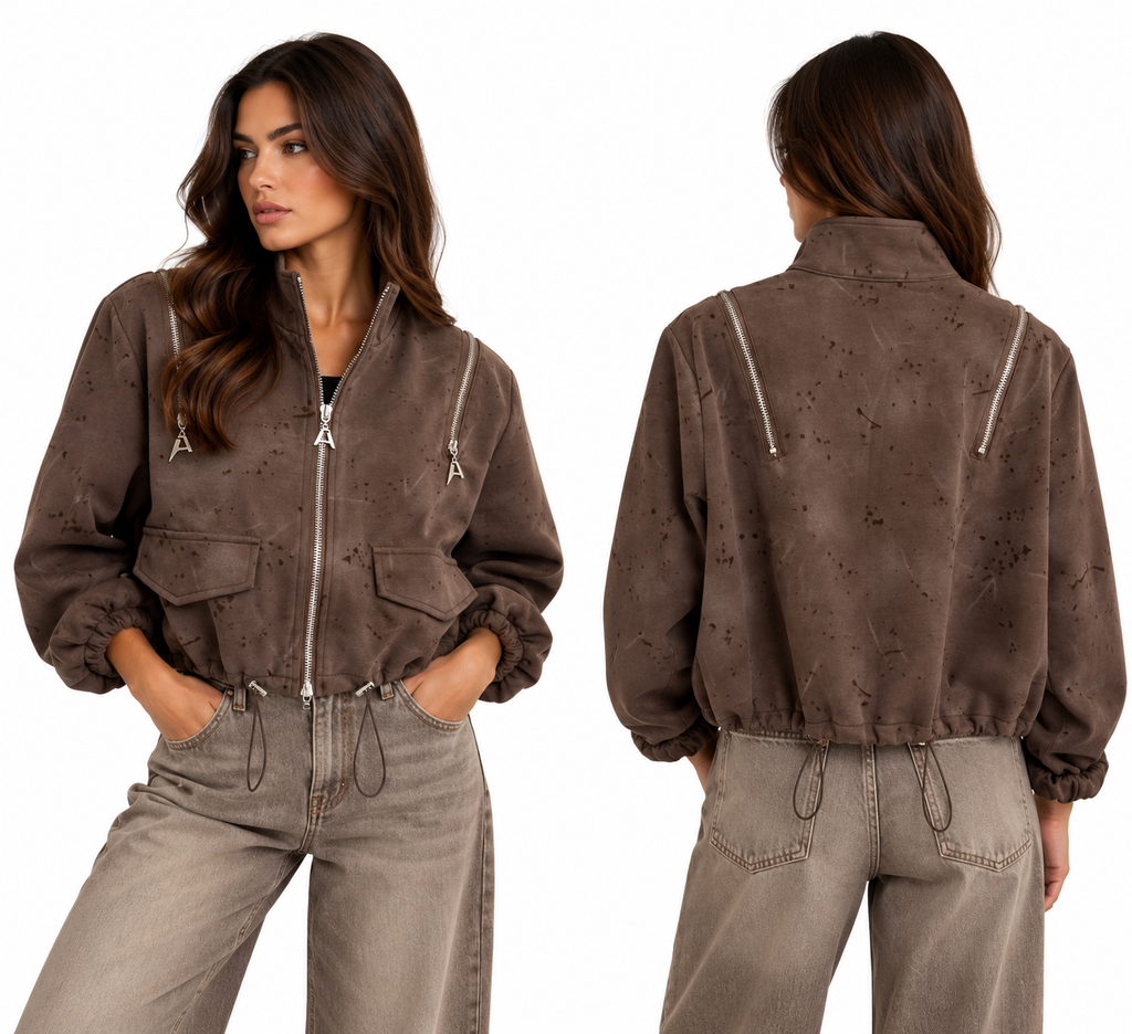 Distressed Luxe Zip-Up Jacket (Brown . White )