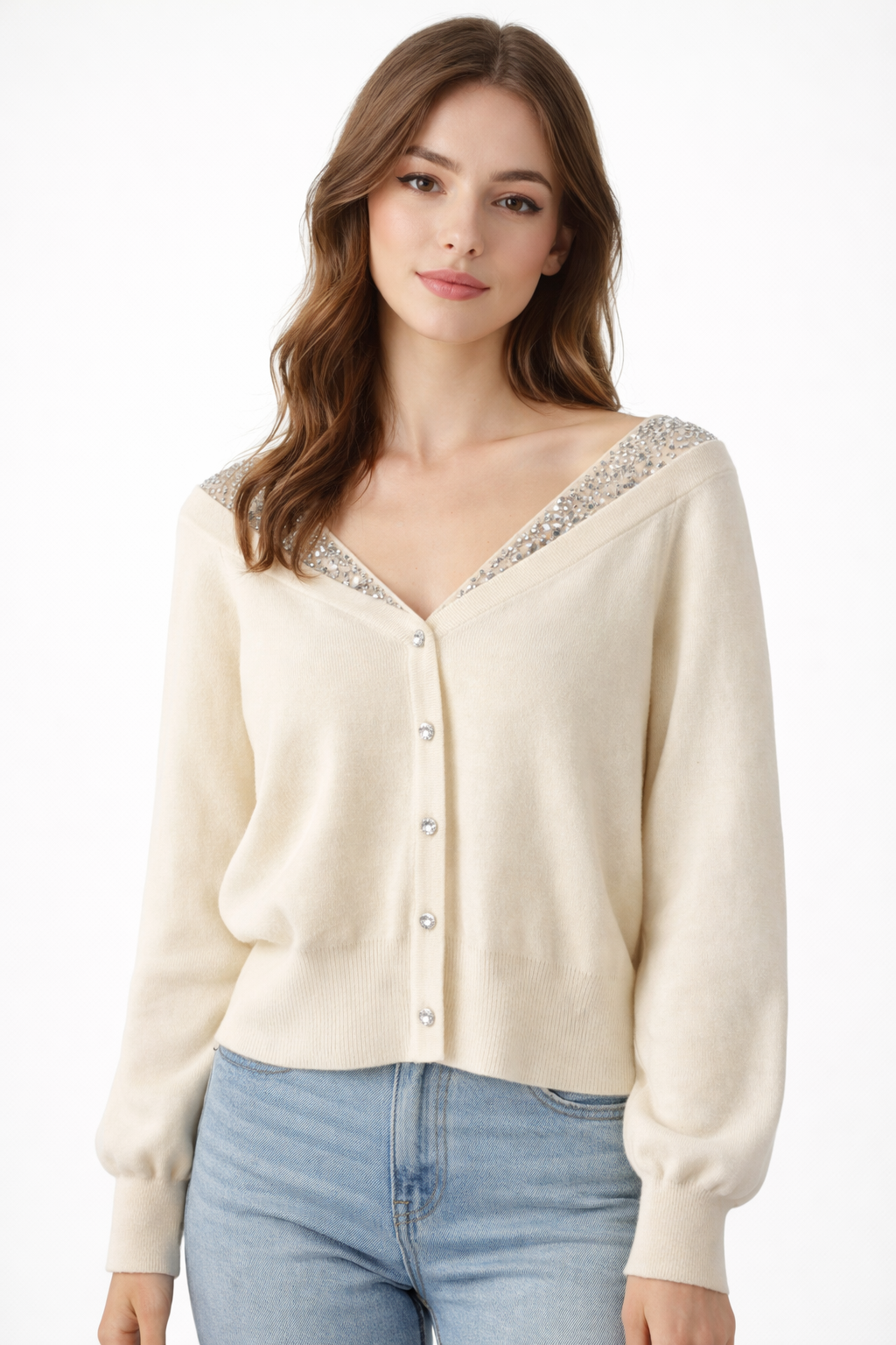 Soft Knit V-Neck Cardigan With Sparkle Trim