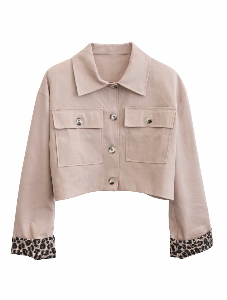 Beige Cropped Utility Jacket with Leopard Cuffs