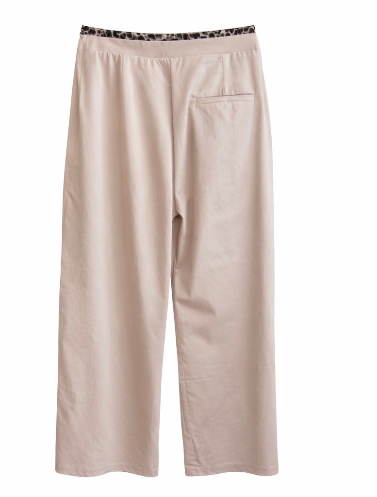 Beige Wide-Leg Drawstring Pants with Leopard Waist Detail