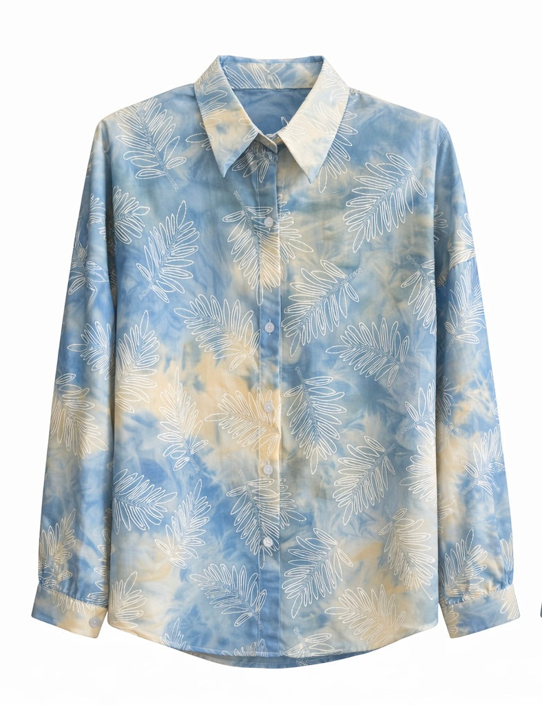 Blue Tie-Dye Leaf Print Button-Up Shirt