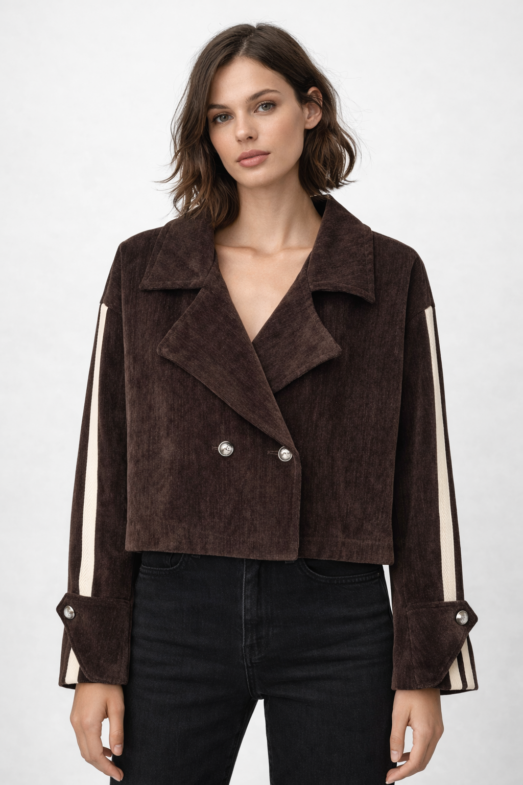 Striped-Sleeve Cropped Corduroy Jacket Brown