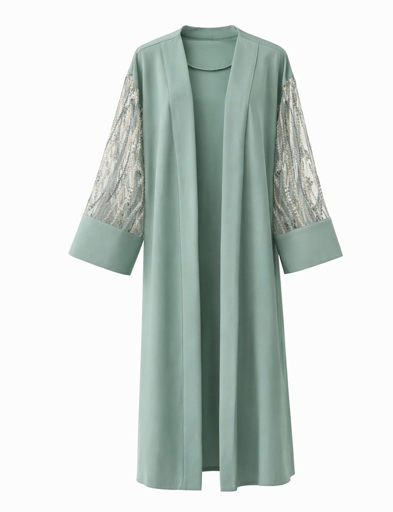 Refined Sage Green Open Abaya Featuring Delicate Sheer Sleeves