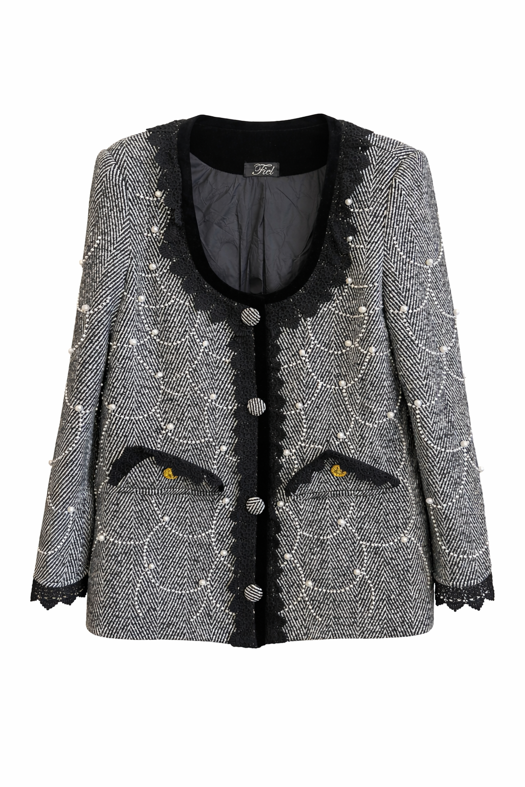 Pearl-Embellished Herringbone Tweed Jacket & Mini Skirt Set