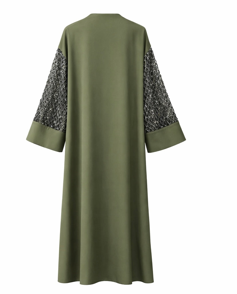 Premium Olive Green Open Abaya with Sheer Sleeve Design