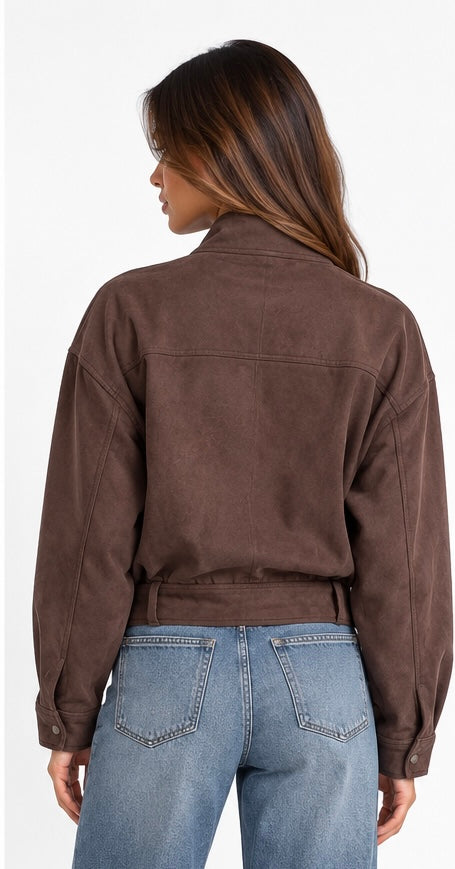 Embellished Suede Belted Jacket ( Brown , Olive , Beige )