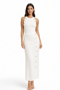 Slim Fit Ribbed Knit Button Detail Top & Maxi Skirt Set – White / Beige