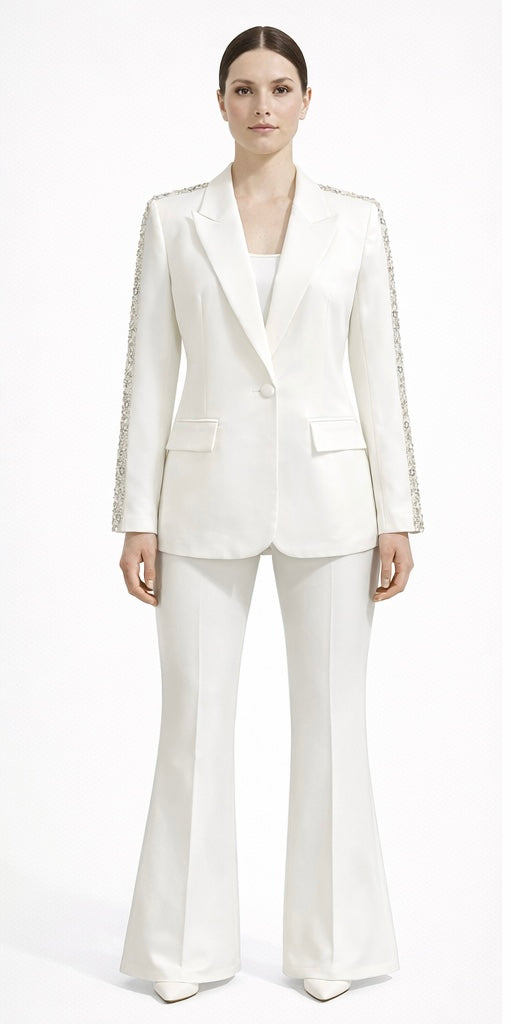 White Embellished Blazer & Flared Pants Suit Set