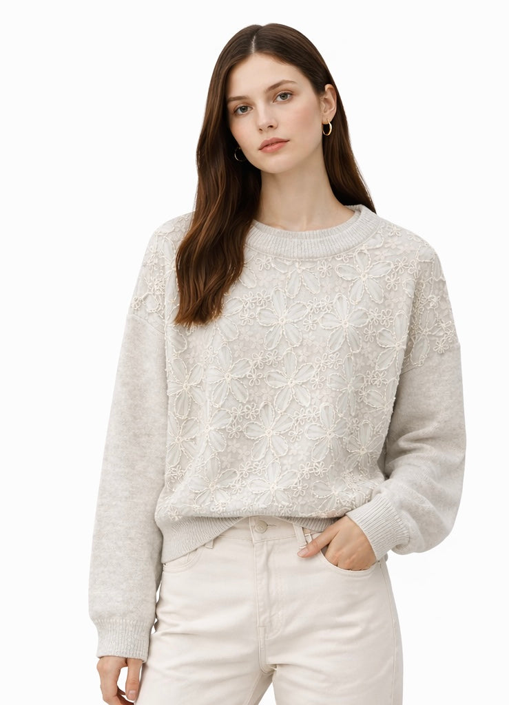 Lace Embroidered Front Knit Sweater – Light Grey