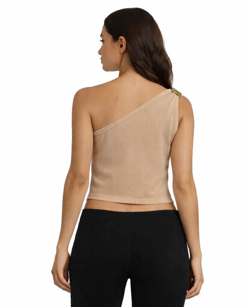 Chic One-Shoulder Crop Top - White , Black , Beige