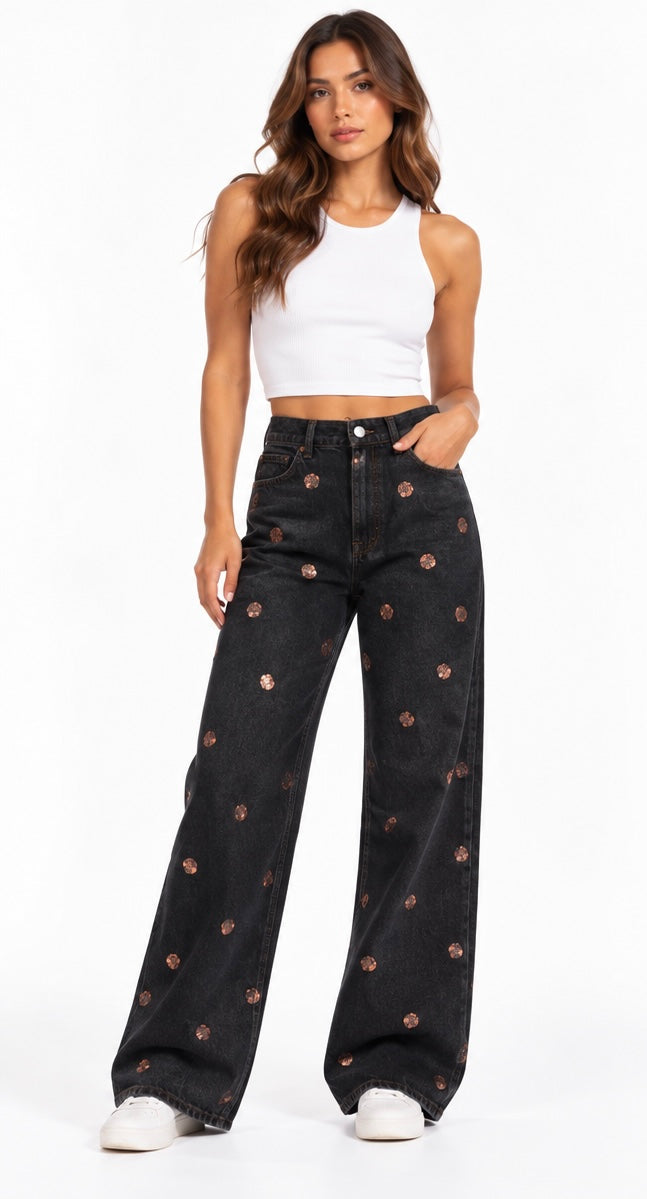 Sequin  Polka Wide-Leg Jeans