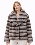 Striped Eco Fur Jacket with Wide Collar – Mocha Grey